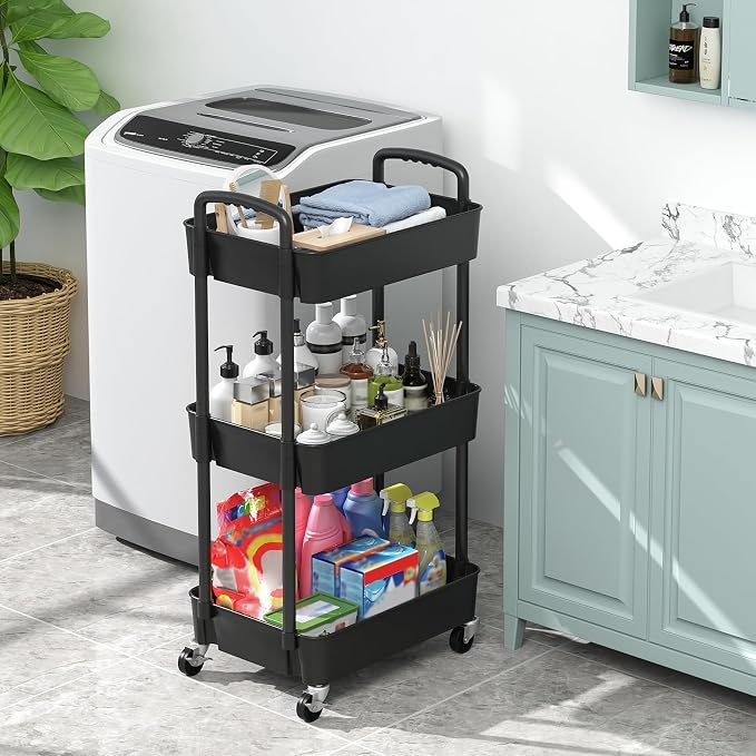 Sywhitta 3-Tier Plastic Rolling Utility Cart with Handle, Multi-Functional Storage Trolley for Office, Living Room, Kitchen, Movable Storage Organizer with Wheels, Black (Pack of 2) - Image 5