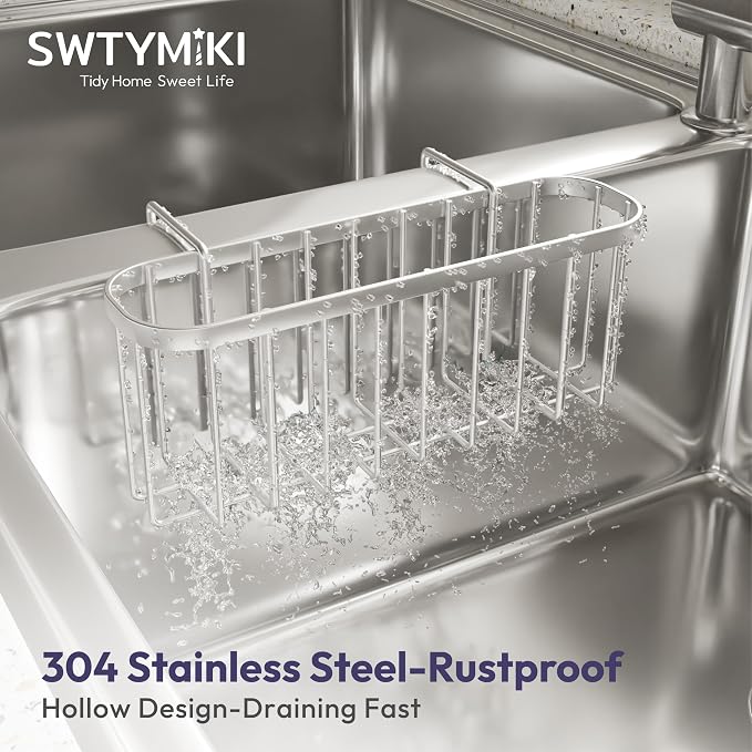 SWTYMIKI Sponge Holder for Kitchen Sink, Movable Kitchen Sink Caddy with Compact Size Rustproof and Waterproof Hanging Sponge Caddy for Double Bowl Sinks, Silver - Image 5