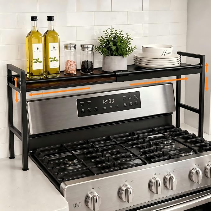 Over the Stove Shelf, Adjustable Spice Shelf for Kitchen, Sink | Rustic Metal & Wood Shelf Organizer | Extendable & 3 Level Adjustable Height Spice Rack for Back of Stove by HOFUSUSER