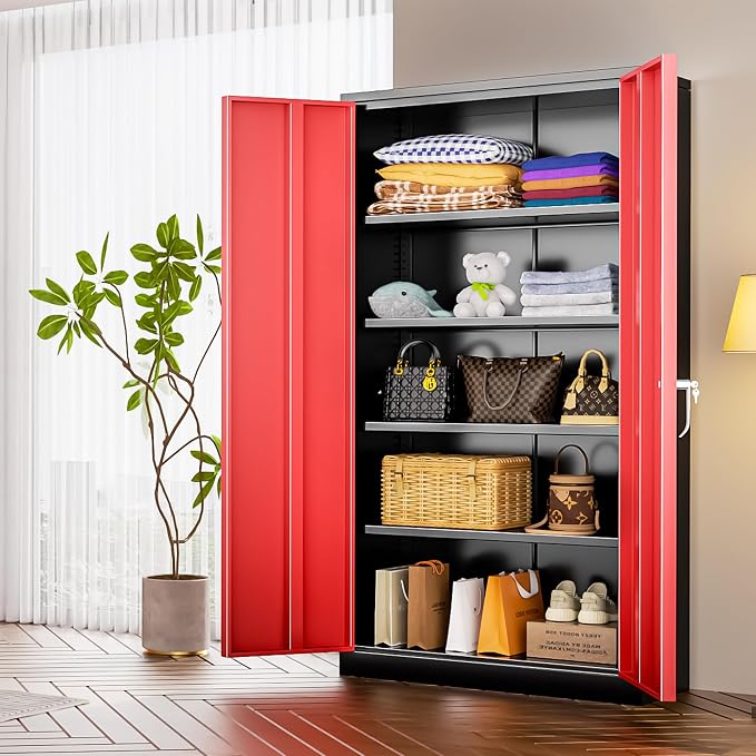 Metal Storage Cabinet with Doors, 72" Locking Steel Storage Cabinet with Shelves, Tall Metal Cabinet Lockable Steel Cabinets for Home Office, Garage,(Black+Red) - Image 9