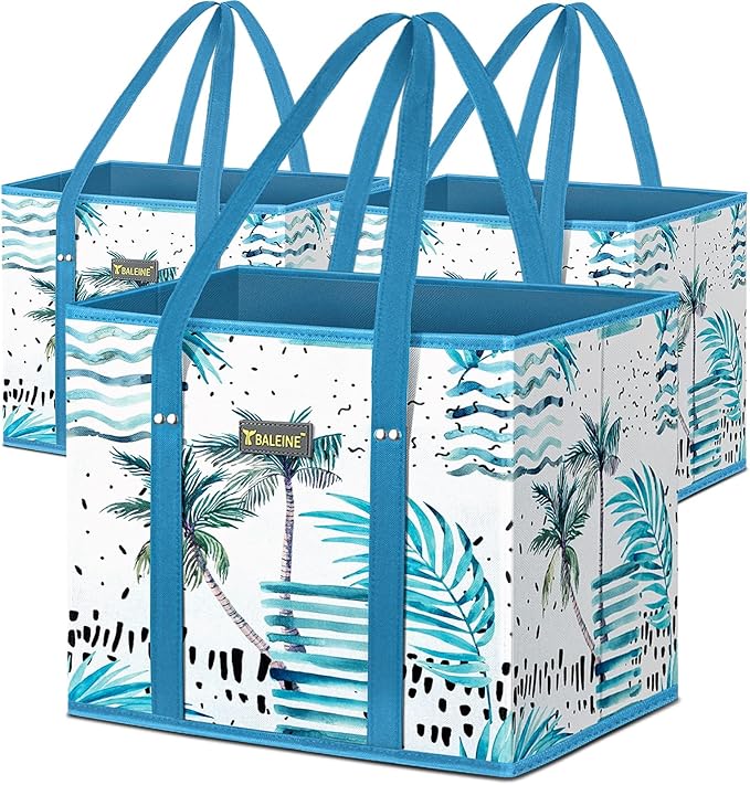 BALEINE 3PK Reusable Grocery Bags, Heavy Duty Shopping Tote Bag | 12'' Long Handles, Reinforced Bottom Keeps Upright, Fold Flat Storage, Water-Resistant Shopping Bag, Multiple Color Options by BALEINE