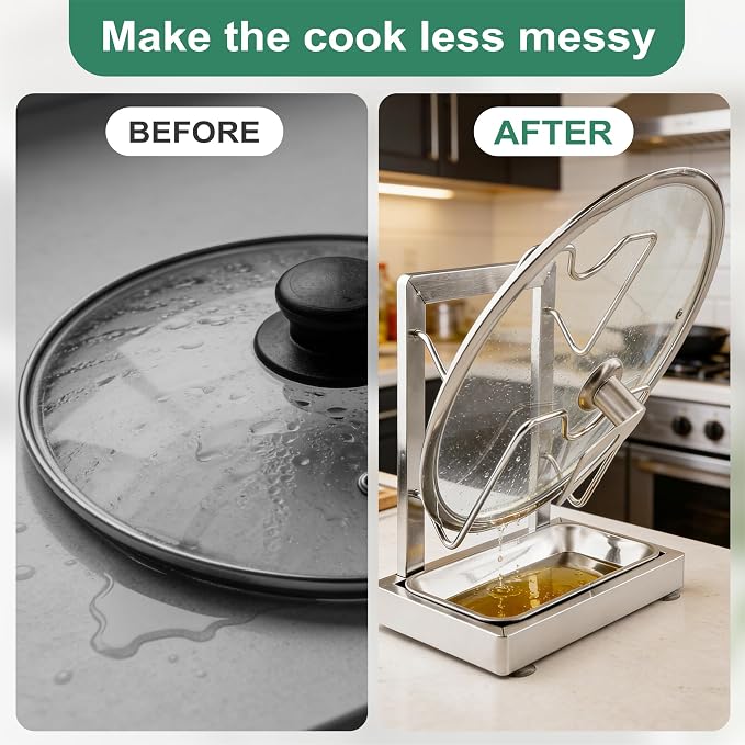 2 in 1 Stainless Pot lid holder & Cutting board holder for Kitchen, 2-Tier | Compact size with detachable drip tray, Kitchen Pot Lids Storage Rack and Organizer for various lid sizes & handles. - Image 6