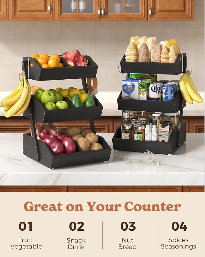 3-Tier Bamboo Fruit Basket with 2 Banana Holders Black | Large tiered organizer for bread, snacks, veggies. Sturdy bamboo, includes mats & dividers. Easy to assemble. - Image 7
