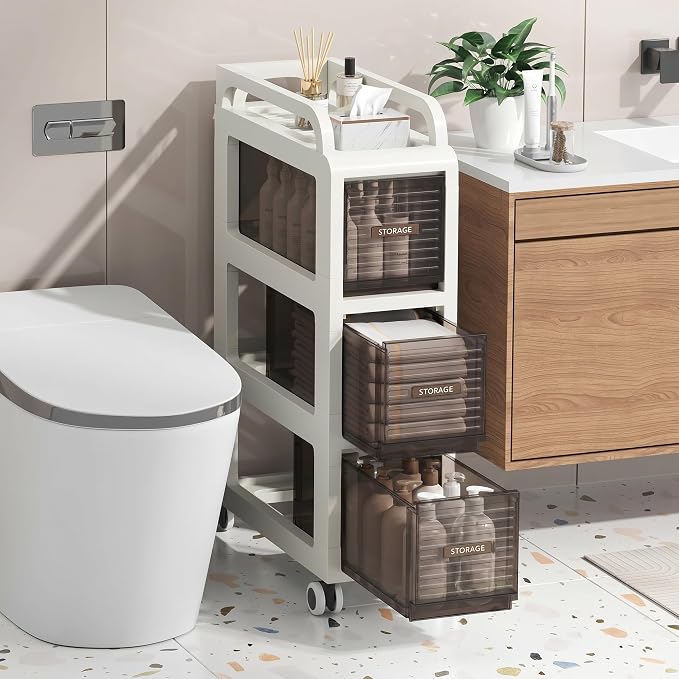 Bathroom Storage with Drawers, 7.87" Wide Slim Cabinet with Wheels | Freestanding Narrow Cupboard, Small Cart for Small Space Kitchen Office Bedroom Under Desk, 26" Tall, 3-Drawer, Gray - Image 6