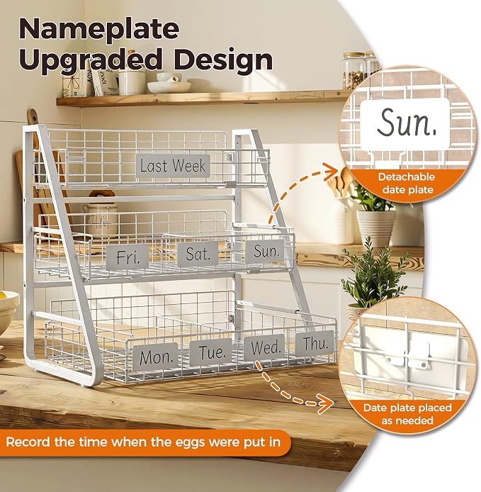 Egg Holder Countertop with 3 Pull-Out Tier Baskets, White | Sturdy Metal Frame, 5 Adjustable Dividers,7 Date Tags, Egg Basket for Gathering Fresh Eggs, Chicken Coop Accessories - Image 3