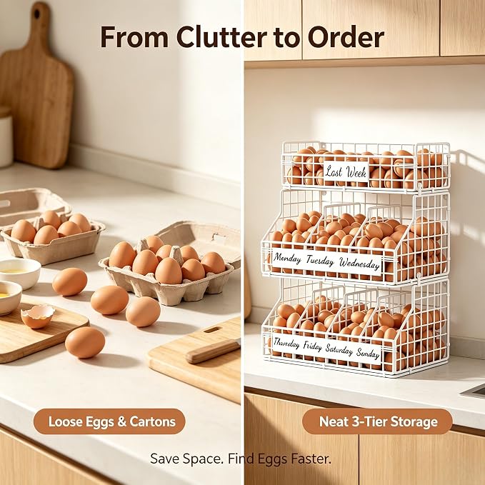 Egg Holder Countertop, Large 3T Chicken Egg Basket for Gathering Fresh Eggs | Egg Storage Organizer with Adjustable 5 Divider & Label, Stackable Wall Mounted Egg Collecting Basket Rack, XXL White - Image 5