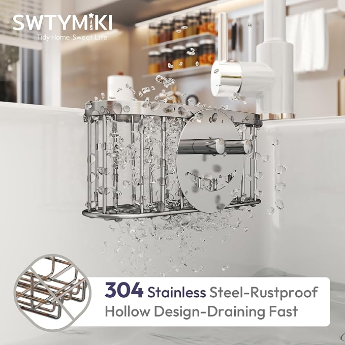SWTYMIKI Sponge Holder for Kitchen Sink - Movable Sink Caddy with Smiley Face Sponge Holder, Rustproof Hanging Sponge Organizer in Double Bowl Sinks Depth>3.15in, Middle Divider<1.5in, Silver - Image 5