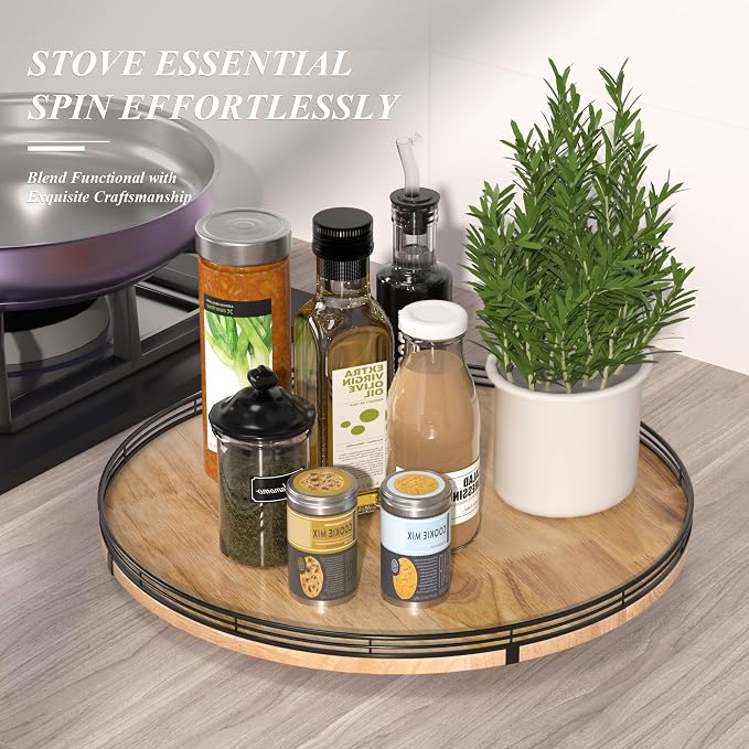 AMH 18-Inch Extra Large Farmhouse Oak Lazy Susan Organizer | Smooth rotating oak tray with walnut finish for dining tables, kitchen counters, pantries and cabinet storage. - Image 2