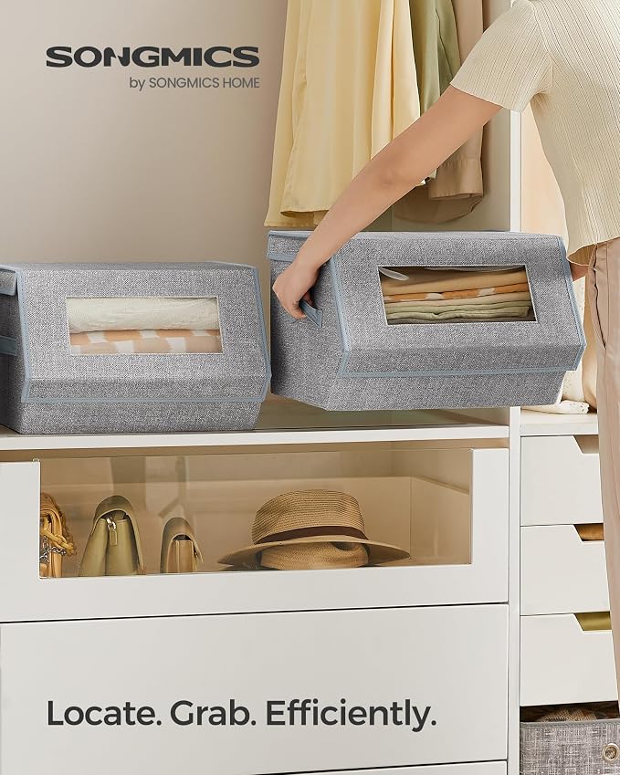 SONGMICS Stackable Storage Bins, Set of 2, with Lids and Front Windows | Closet Organizers, Linen-Look Non-Woven Fabric, Magnetic Closures, Side Handles, Gray, TINA Collection URLB002W01 - Image 2
