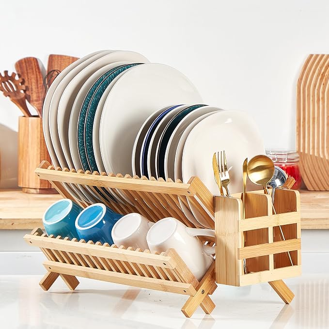 NOVAYEAH Bamboo Dish Drying Rack-2 Tier, Collapsible Small Dish Rack with Utensil Holder, Wooden Drying Rack for Kitchen Counter, Apartment Essentials Kitchen Plate Holder Organization 34 pcs Grid | 2-Tier Collapsible Large Dish Drying Rack Folding Dry... - Image 7