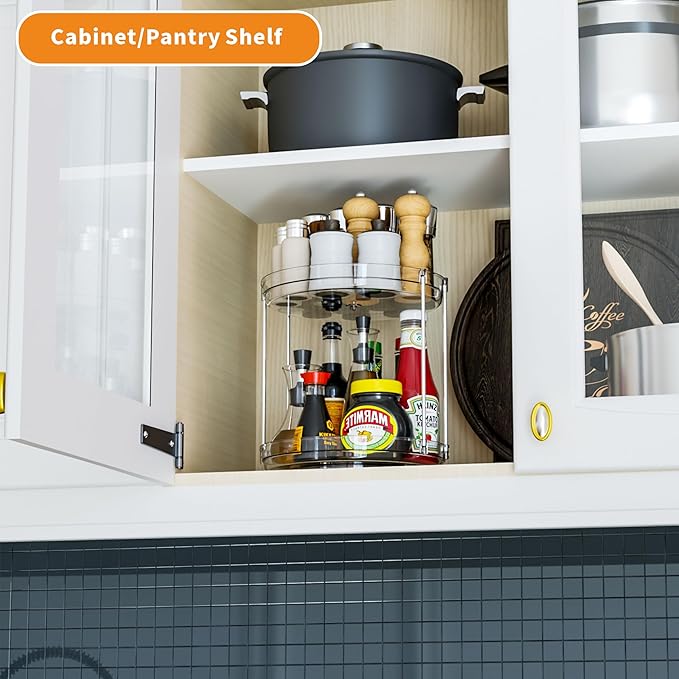 2 Tier Lazy Susan Turntable for Cabinet,Countertop,Pantry,9.5"W Spinning Seasoning Organizer,Double Rotating Kitchen Spice Rack Organizer and Condiments,Medicine,Vitamin Bottle Organizer Carousels,1Pc - Image 2