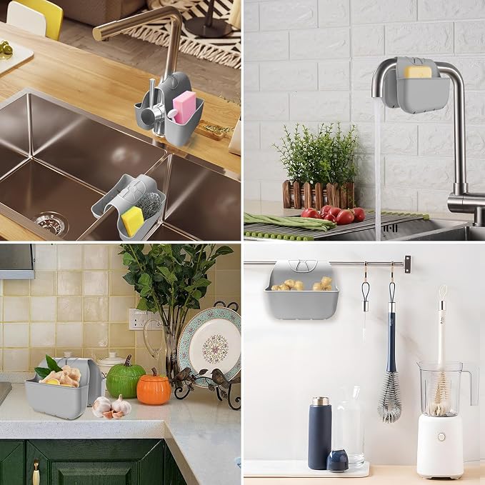 Sponge Holder for Kitchen Sink, Silicone Sink Saddle Caddy Organizer Rack, Sponges Holder Over Faucet, Hanging Kitchen Organizer Accessories Rack Basket Gray - Image 6