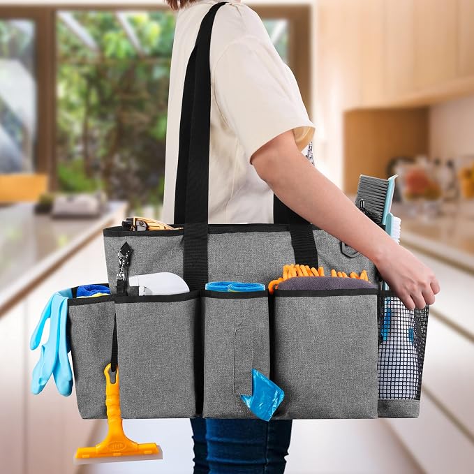 LoDrid Professional Cleaning Tote Caddy for Cleaning Supply, Gray | Cleaning Bag Organizer with Dividers and Handle Strap for Housekeepers Work, Bag Only - Image 2