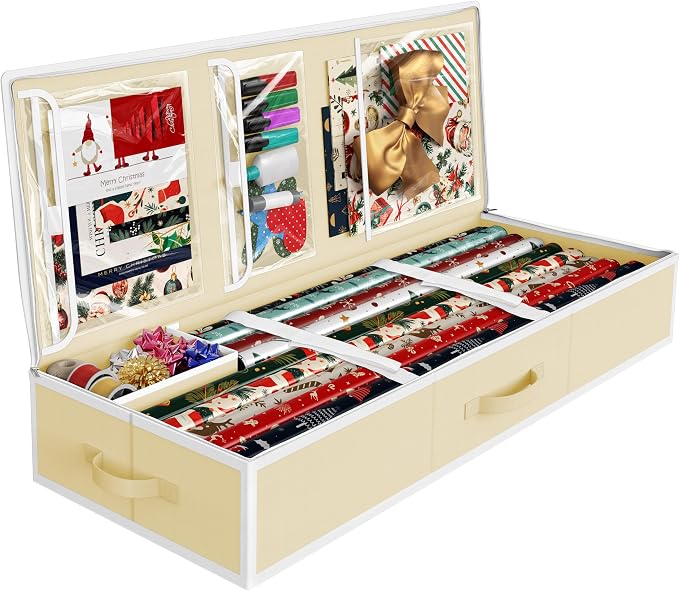 Simple Houseware 41.5" Wrapping Paper Organizer, Fits 40 Rolls, Beige | Adjustable Straps, Interior Divider for Ribbons & Bows, 3 Clear Pockets for Gift Bags & Tools, 41.5"L x 16"W by SimpleHouseware