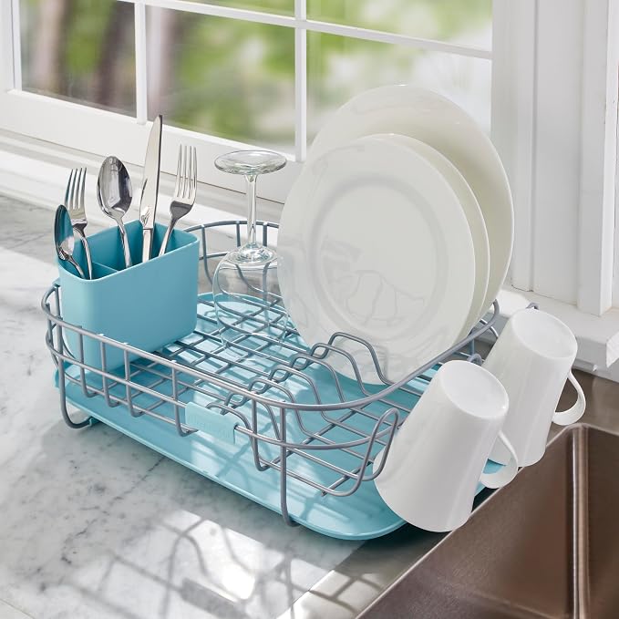 KitchenAid Low Profile Compact Dishrack with Removable Flatware Caddy and Angled Self-Draining Board, Rust Resistant Wires, 12.59 x 17.55 x 6.29 Inch, Mineral Water - Image 7