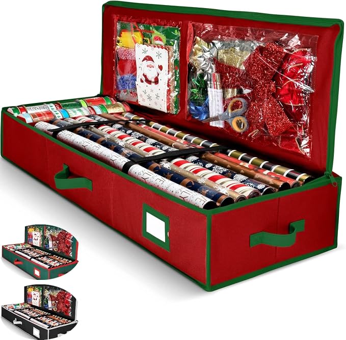 Premium Wrapping Paper Organizer Storage | Gift Wrap Holder With Extra Pockets for Christmas Decorations, Reinforced Handles, Heavy Duty, Ultra-Durable, Tear-Proof Fabric - Fits Up to 27 Rolls (Red) by Homior
