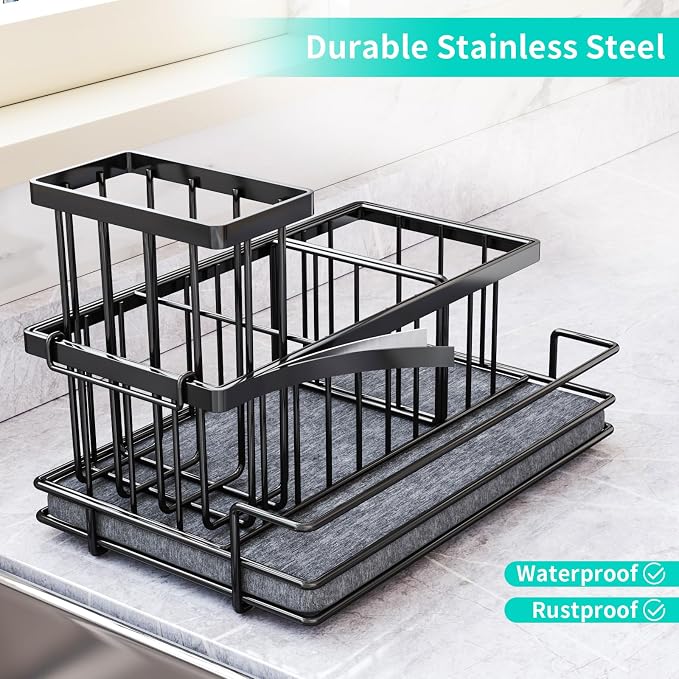 HapiRm Sink Caddy Sponge Holder - Kitchen Sink Organizer with Instant Drying Stone and Brush Holder, Stainless Steel Bathroom Counter Organizer - Black - Image 4