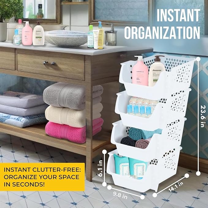 Skywin Stackable Storage Bins Open Front for Pantry Storage, 4 Pack - White | Sturdy Plastic, Easy Stacking, Breathable & Open Front Design, Pantry Storage for Snacks, Toiletries, and Small Essentials - Image 2