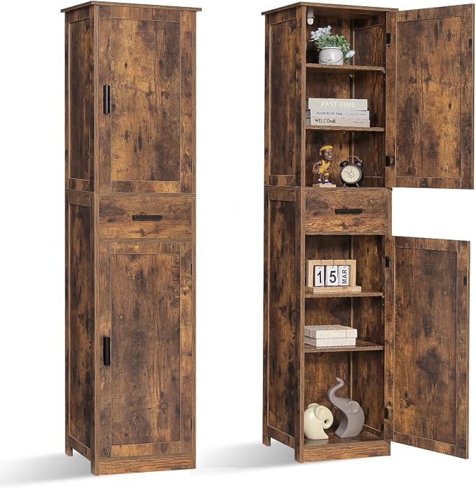 usikey 67'' Tall Storage Cabinet with Adjustable Shelves & 2 Doors, Bathroom Cabinet with 1 Drawer, Narrow Tall Cabinets for Living Room, Home Office, Rustic Brown - Image 7