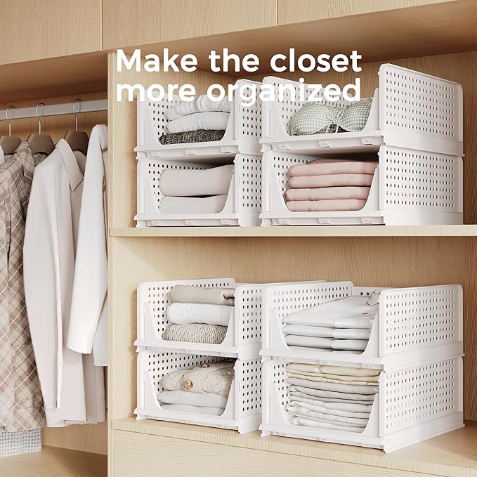 Stackable Plastic Storage Basket, Foldable Closet Organizers, Drawer Shelf Storage Container/Bins for Wardrobe Kitchen Bathroom Office Dorm, White, 4 Packs - Image 5