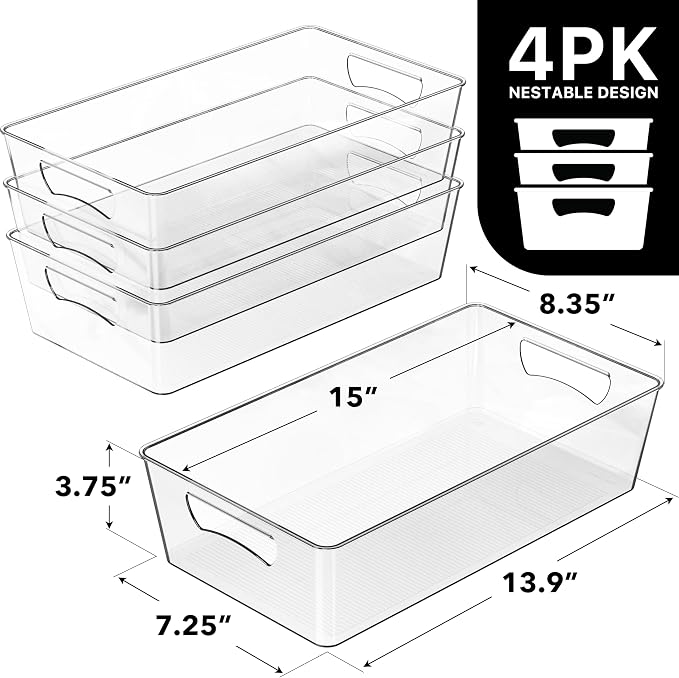 Simple Houseware 4 Pcs Kitchen Clear Bin Storage Organizer 15" x 8" x 3.75" - Image 2