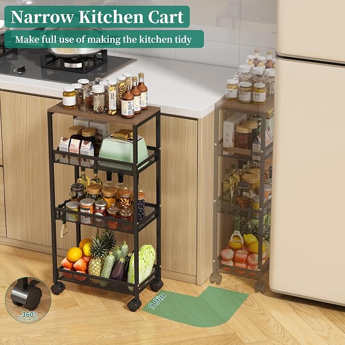4-Tier Slim Utility Rolling Laundry Cart with Wheels, Easy to Assemble | 9.1" Wide for Narrow Spaces, Wood Top with Metal Frame, Mobile Storage Shelves for Bathroom, Kitchen, Office - Image 5