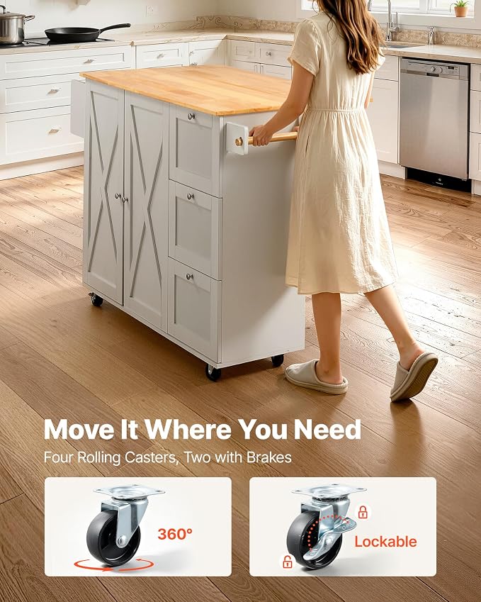 VEVOR Kitchen Island Cart, 45.3x39 inch Rolling Kitchen Table, Mobile Carts with Storage Cabinet and Solid Wood Top, Portable Islands with Wheels, Spice Rack, Towel Rack, Drop Leaf and Drawer, White - Image 8