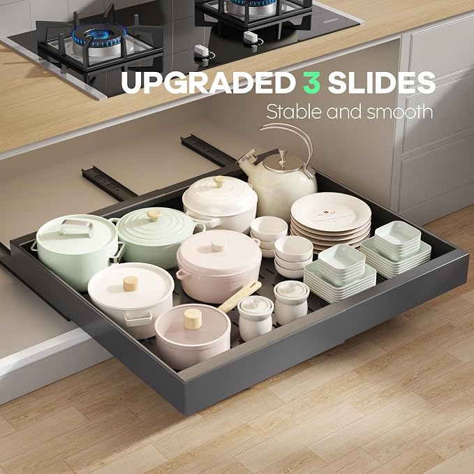 Seinloes 2 Pack Pull out Cabinet Organizer 21" Deep With Raising Pad for Framed Cabinets,Expandable (15.2"-26.3"W) Slide out Drawers for Kitchen Cabinets with 4pcs Divider Racks,Roll out Shelves,Black - Image 5