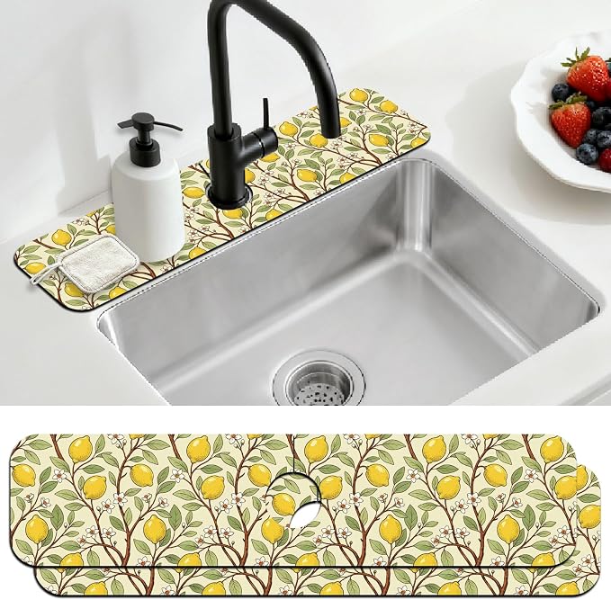 2 Pcs Kitchen Sink Splash Guard Faucet Mat Lemon Tree Pattern Faucet Mat for Sinks Flower Absorbing Drying Mats for Kitchen Bathroom by CONCHLERY%E6%97%97%E8%88%B0%E5%BA%97