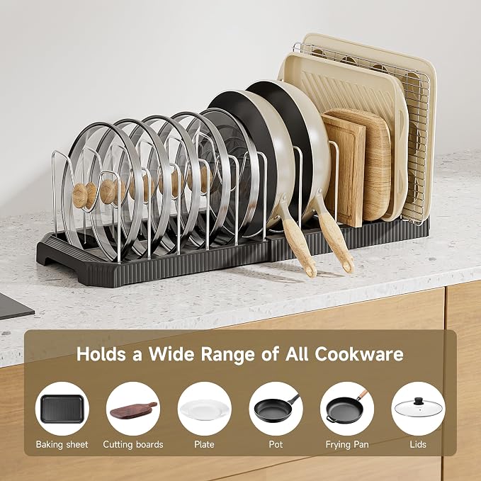 MUDEELA Pots and Pans Organizer under Cabinet, Pan Pot Organizer Inside Cabinet, Expandable 12.9''-21.88'' Pot Lid Organizer Holder with 12 Adjustable Dividers for Cutting Boards, Pan Lid Rack, Black - Image 3
