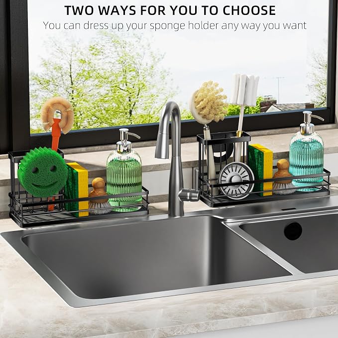galasily Sink Caddy Organizer with Water Absorbing Stone Tray, Instant Dry Sponge Holder Smiley Face, Dish Brush Holder for Countertop, Kitchen Storage Accessories and Organization Essentials (Black) - Image 5