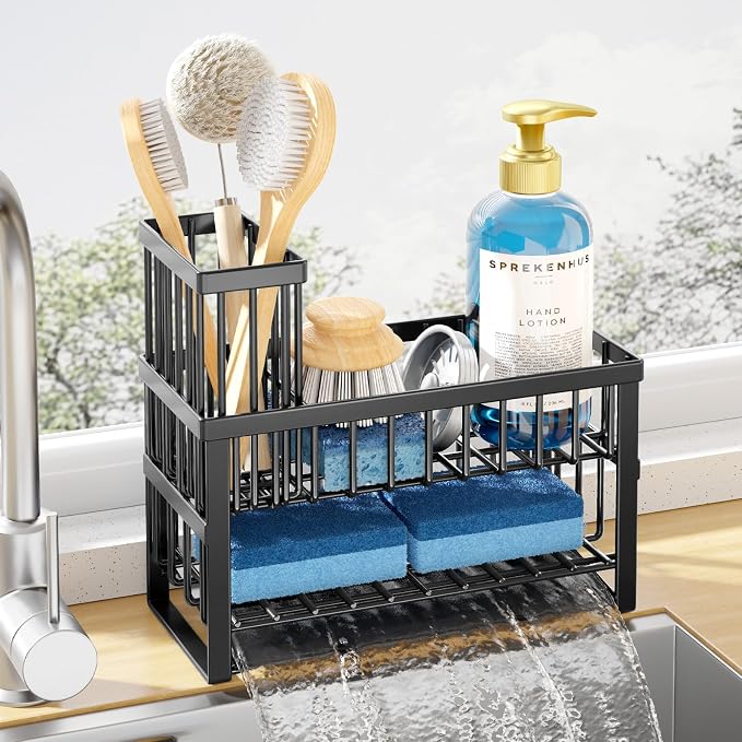 Kitsure Sponge Holder for Kitchen Sink, 9.3" x 4.1" x 8.5", Black | Kitchen Sink Caddy, Home Decor Accessories, Stainless Steel, High Brush Holder by Kitsure