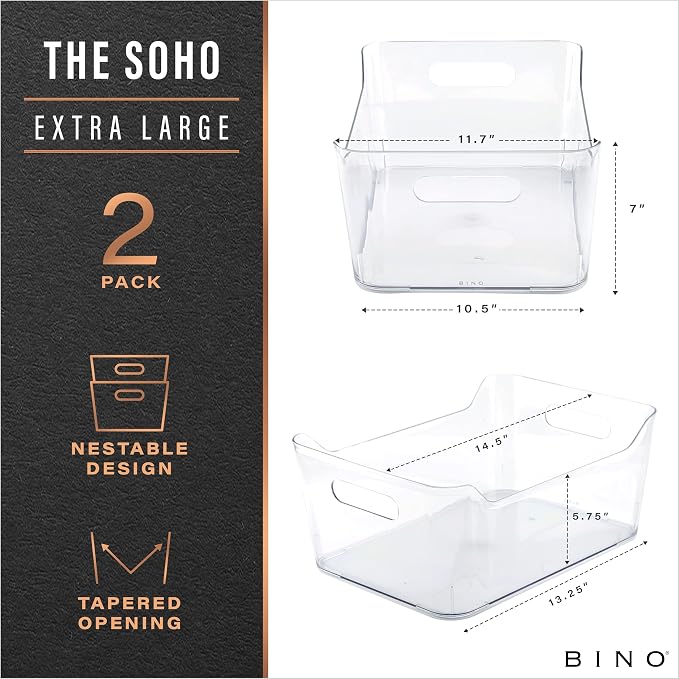 BINO | Plastic Storage Bins, X-Large - 2 Pack, Clear | THE SOHO COLLECTION | Pantry Organizers and Storage Containers Fridge Organizer Bins Kitchen Cabinet Organizer Medicine Cabinet Organizer Bin - Image 2