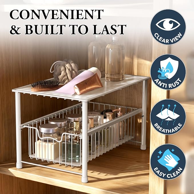 Simple Houseware Wired Stackable Under Sink Cabinet Sliding Basket, White | Free Standing Organizer Drawer, Kitchen/Pantry/Cabinet/Counter - Image 5