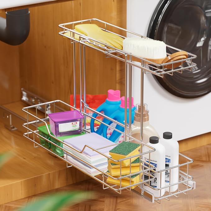 2 Tier Under Sink Organizer 11" W X18 D, Pull Out Cabinet Organizer One Removable Basket, Under Sink Slide Out Chrome Plated, Under Kitchen Bathroom Sink Organizer, 2 Pack - Image 9