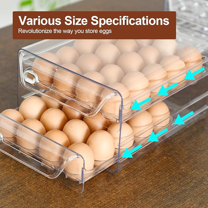 2 Tier Egg Holder for Refrigerator, 40 Eggs Clear Drawer Organizer | Clear Stackable Holder Tray with Drawer for Fridge, Storage Container with Handles for Refrigerator, Countertop, Kitchen - Image 6