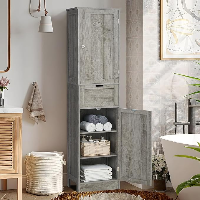 Iwell 67" Tall Bathroom Cabinet with Adjustable Shelves & 1 Drawer, Storage Cabinet with 2 Doors, Narrow Tall Cabinet, Floor Cabinet for Bathroom, Living Room, Home Office, Grey - Image 5
