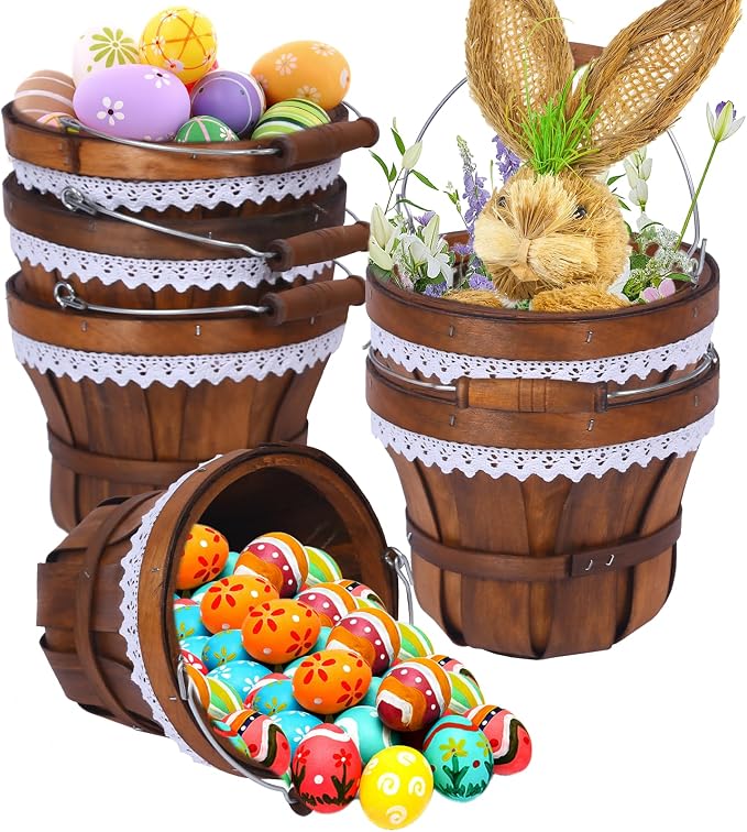 Wooden Baskets 7" x 6", 6 Pack Brown Apple Harvest Baskets | Round Handled Baskets Hold Produce, Flowers, Easter Eggs Or Favors for Farms, Markets, Weddings, Parties and Decor by YPshuye