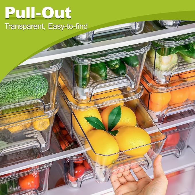 Pull-out Veggie Fridge Organizer Drawer, 5-Pack Stackable Fruit and Vegetables Refrigerator Organizer and Storage Containers, with Strainer Layer - Image 3