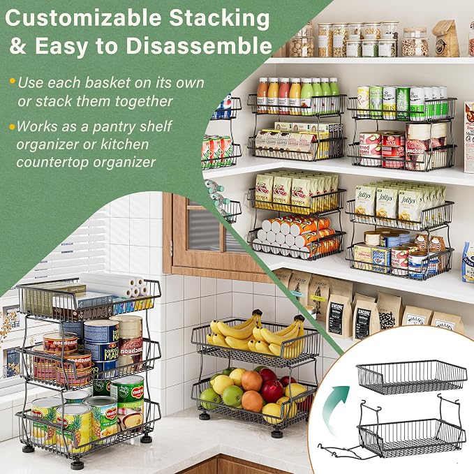 OKZEST Pantry Organizers and Storage Cart with Upgraded Metal Hub Casters | Fits under pantry shelf, Stackable fine-mesh wire baskets, 3-Tier rolling cart holds drink, snack, can, potato, onion, fruit - Image 5