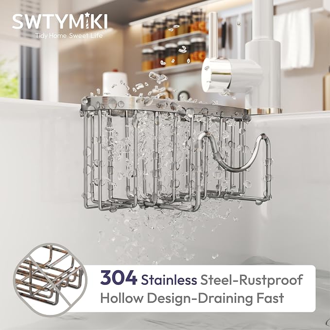 SWTYMIKI Sponge Holder for Kitchen Sink - Movable Kitchen Caddy with M Shape Hook, Stainless Steel Hanging Sponge Caddy for Sponges, Brush, Stopper Organizer in Double Bowl Sink, Silver - Image 5