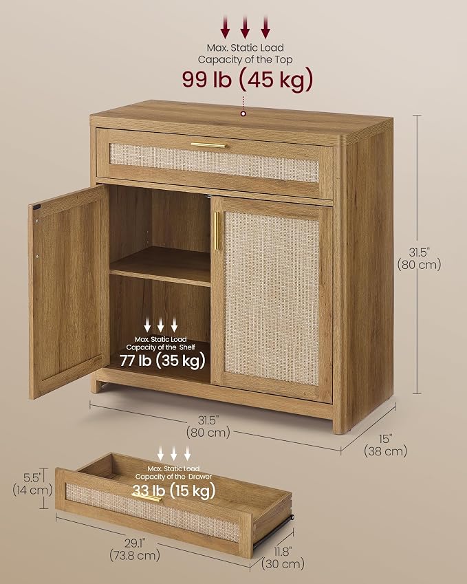 VASAGLE ELLAN Collection - Boho Buffet Cabinet with Rattan-Look Doors, Sideboard Storage Cabinet, Rounded Corners, Adjustable Shelf, Drawer, for Kitchen, Natural Brown UBBK601KC01 - Image 2