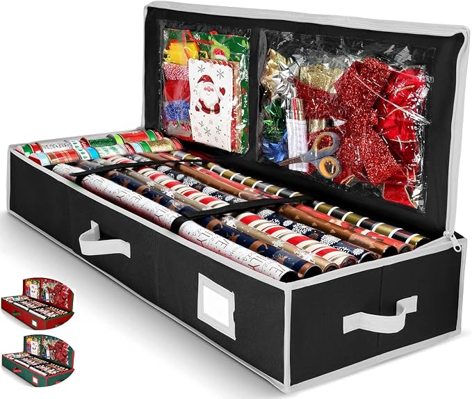 Premium Wrapping Paper Organizer Storage | Gift Wrap Holder With Extra Pockets for Christmas Decorations, Reinforced Handles, Heavy Duty, Ultra-Durable, Tear-Proof Fabric - Fits Up to 27 Rolls (Black) by Homior