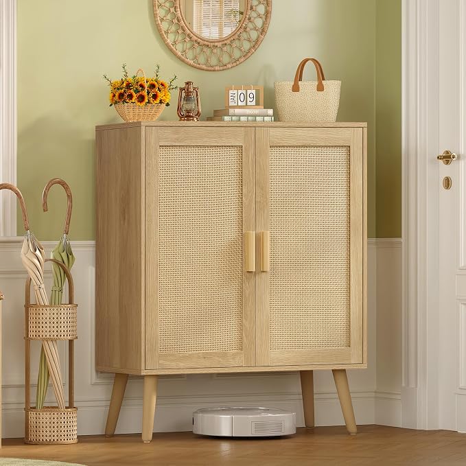 Iwell Storage Cabinet with 2 Shelves, Rattan Cabinet with 2 Doors, Sideboard Buffet Cabinets with Storage for Living Room, Dining Room, Entryway, Natural - Image 7