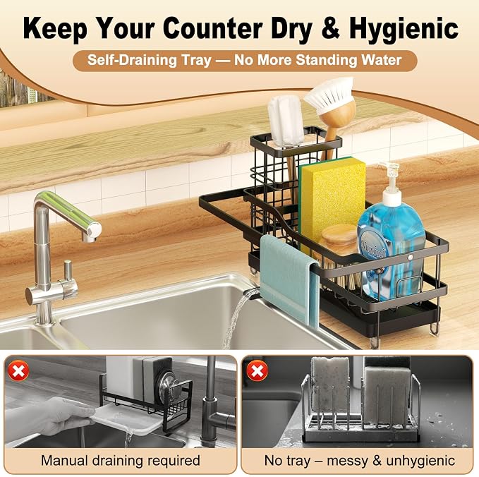 Sponge Holder for Kitchen Sink, Self-draining Sink Organizer with Towel Rack and Brush Holder, Metal Kitchen Sink Organizer for Countertop, Black - Image 5
