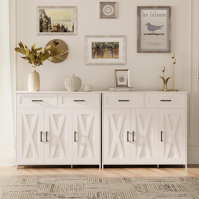 Homhedy Coffee Bar Storage Cabinet with Drawers, Kitchen Buffet Cabinet | Sideboard Cabinet with Doors, Farmhouse Buffet Cabinet, Adjustable Shelves, for Kitchen / Dining / Living Room, White - Image 8