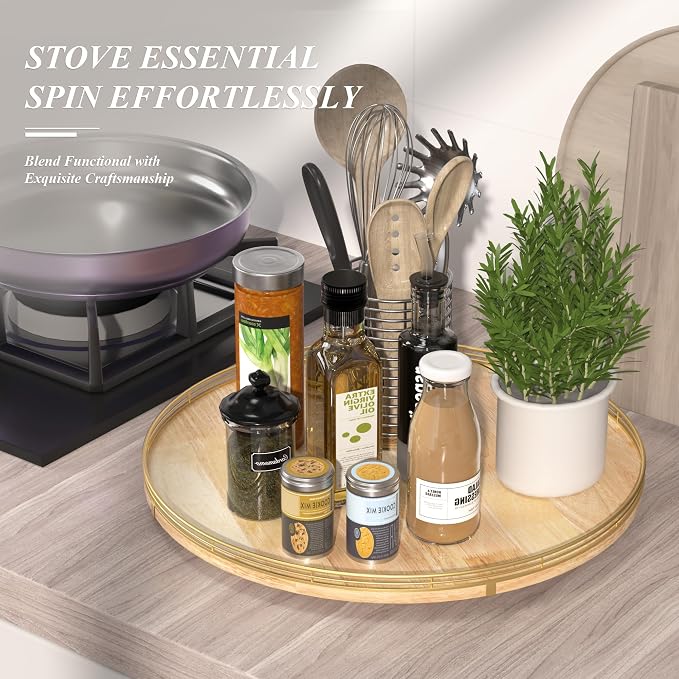 AMH 21-Inch Extra Large Lazy Susan with Oak Base and Black Iron Rail | Smooth rotating oak tray with walnut finish for dining tables, kitchen counters, pantries and cabinet storage. - Image 5