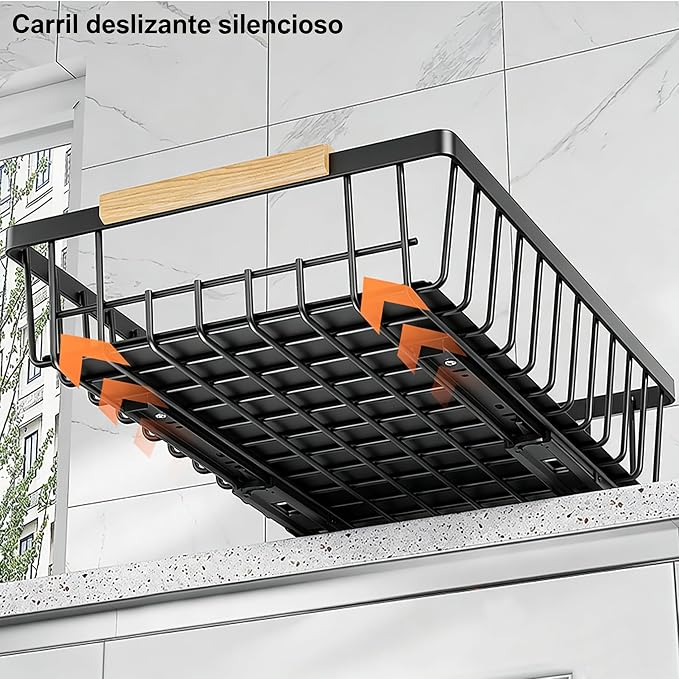 2-Pack Pull Out Cabinet Organizer, No-Drill Slide Out Drawer, Black | Heavy-duty carbon steel build, adhesive nano film mount, ideal for kitchen, pantry and bathroom cabinet storage - Image 5