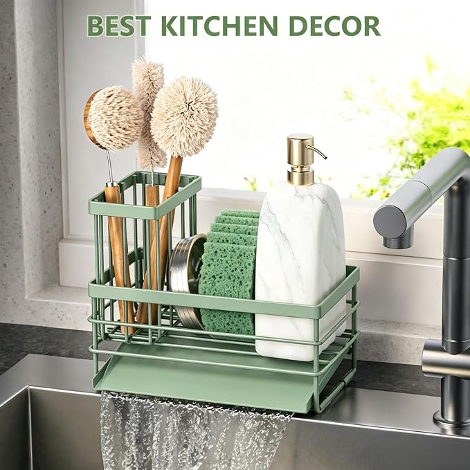 Cisily Sink Caddy Sponge Holder for Kitchen with Brush Holder and Stainless Steel Self Drain Tray, Rustproof Kitchen Sink Organizer for Sponge, Soap Dispenser Storage Accessories - Image 2
