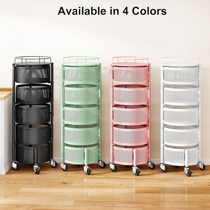 SAYZH 5 Tier Fruit Vegetable Basket Stand for Kitchen, Rotating, Pink | Rolling Storage Cart with top lid, Large Metal Wire Rack for Potato and Onion Storage - Image 8